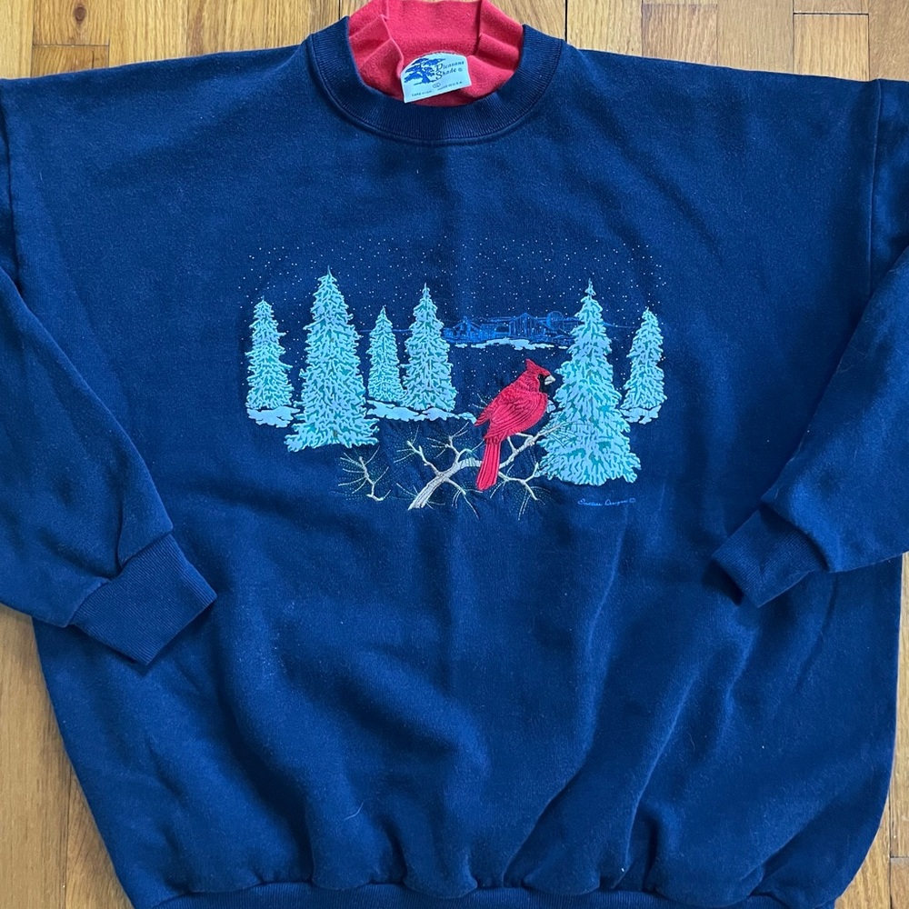Men's Navy Crewneck Sweatshirt with Red Cardinal Graphic
